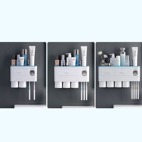 Non-marking Hanging Magnetic Toothbrush Holder Single Drawer Storage Rack With Toothpaste Squeezer Toiletry Set - Image 8