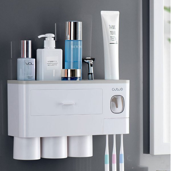 Non-marking Hanging Magnetic Toothbrush Holder Single Drawer Storage Rack With Toothpaste Squeezer Toiletry Set - Image 6
